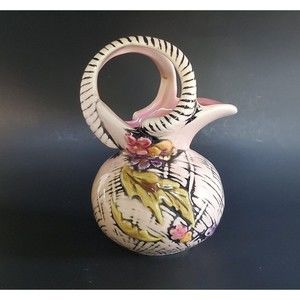 Hull Blossom Flight Pink Pottery Pitcher Basket Weave Pattern Ram's Horn Handle